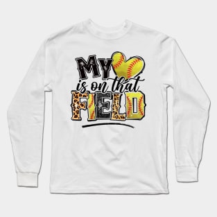 My Heart Is On That Field Softball Leopard Tee Softball Mom Long Sleeve T-Shirt